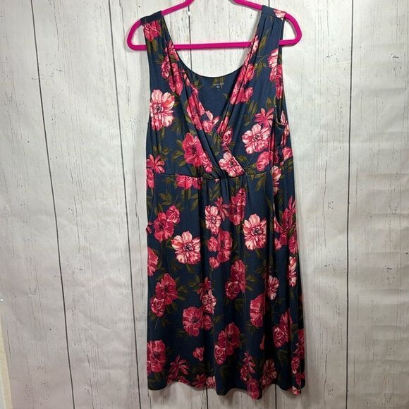 Garnet Hill Navy Pink Floral Sleeveless Dress XL Cottagecore Romantic Pockets - Picture 2 of 12